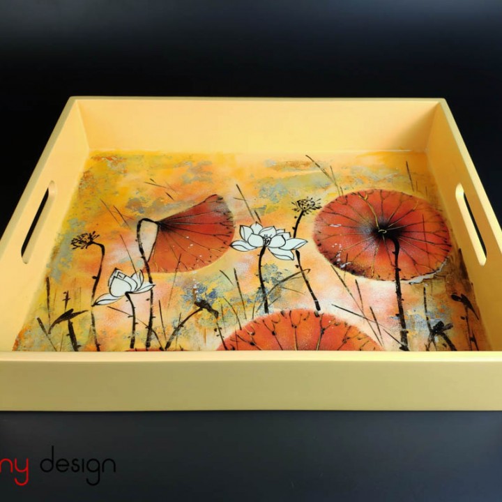 Rectangle lacquer tray with hand painted lotus 30*36cm